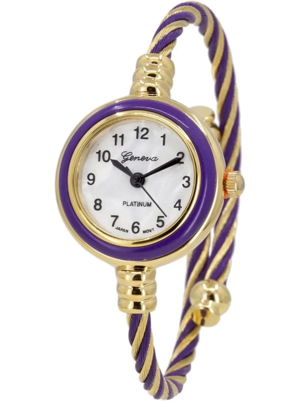 Women's Gold And Purple Analog Elegant Cable Cuff Arabic Numbers Bracelet Watch